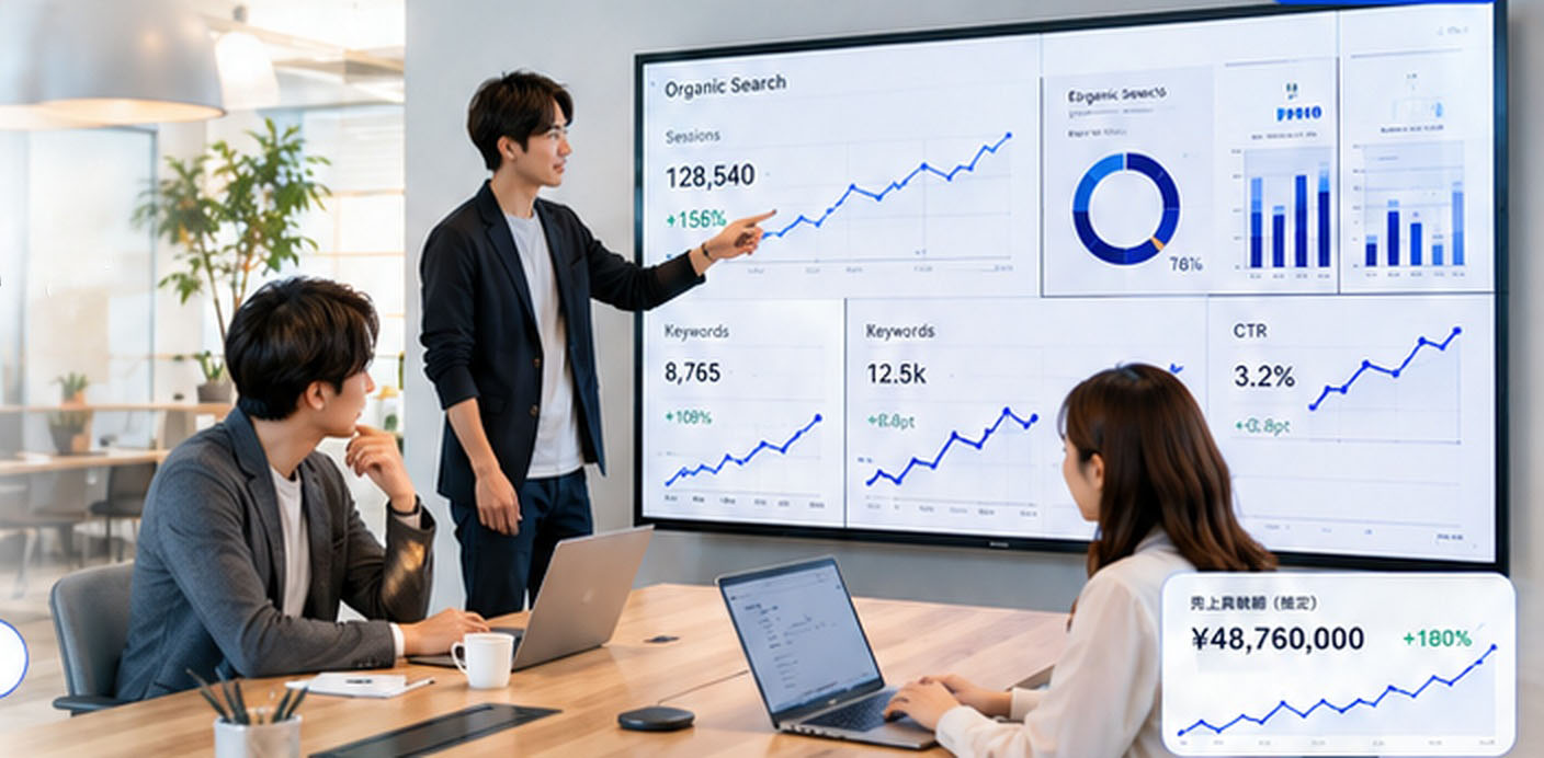 SEOの分析データを大画面で確認しながら戦略を検討するビジネスチーム