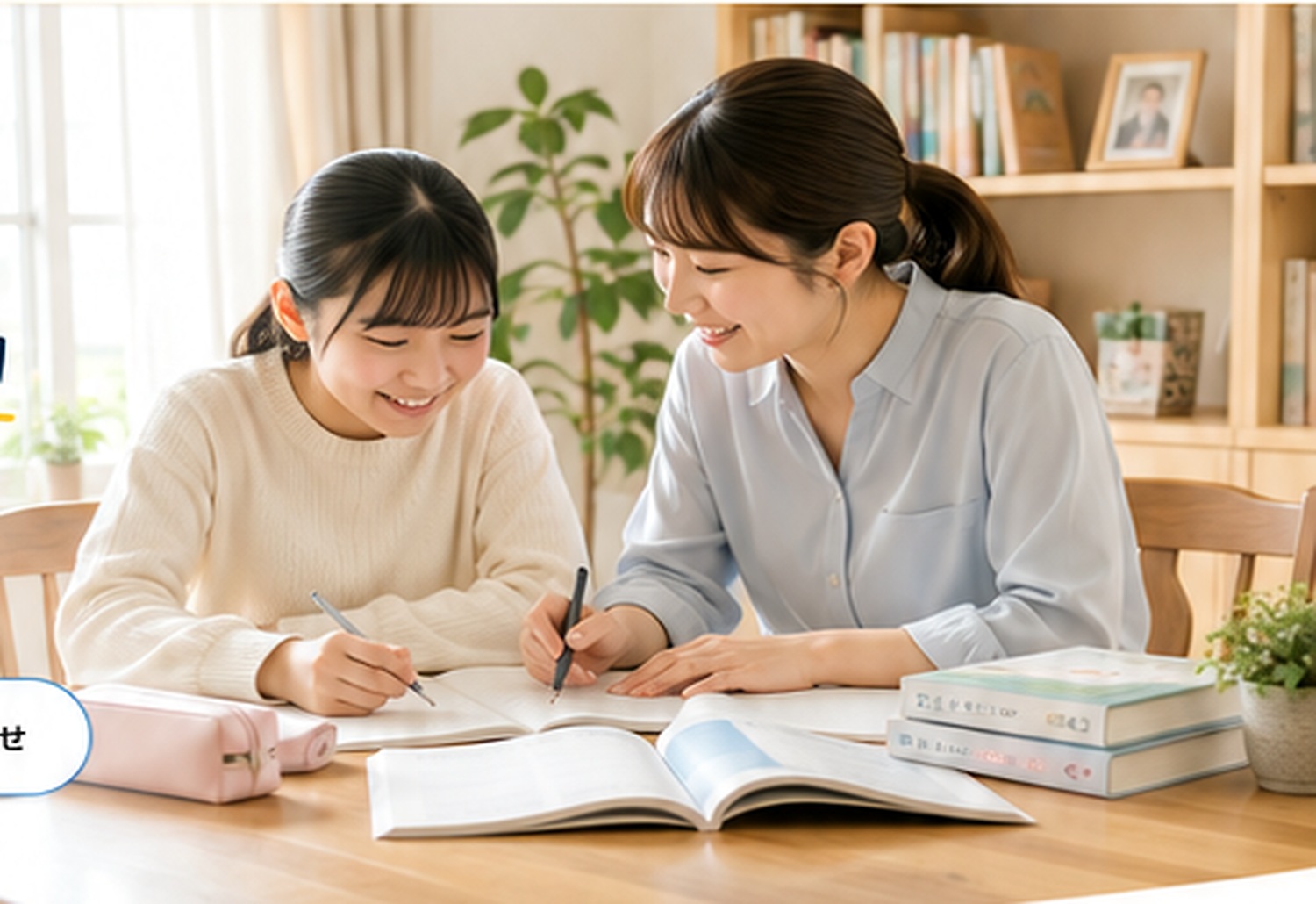明るい自宅のリビングで、女性の家庭教師が私服の女子中学生に勉強を教えている様子