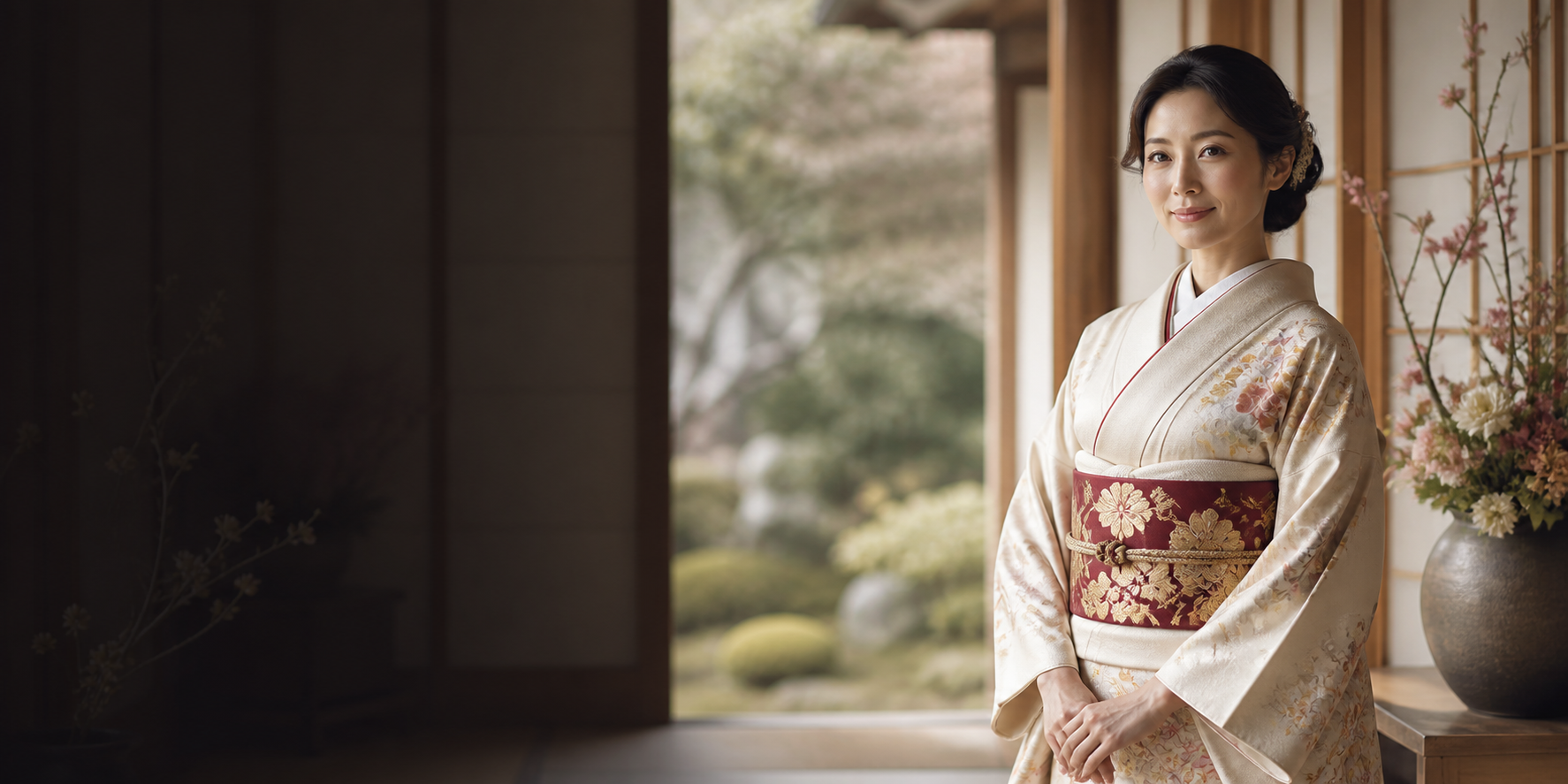 上品な着物姿の女性と日本庭園