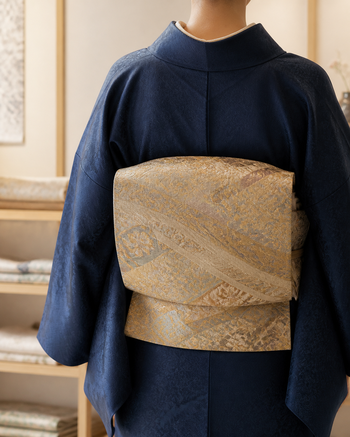 藍色の着物と金色の帯を後ろから写した掲載イメージ