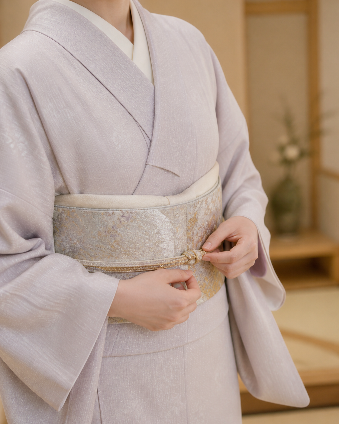 淡い藤色の着物と帯を整える手元の掲載イメージ